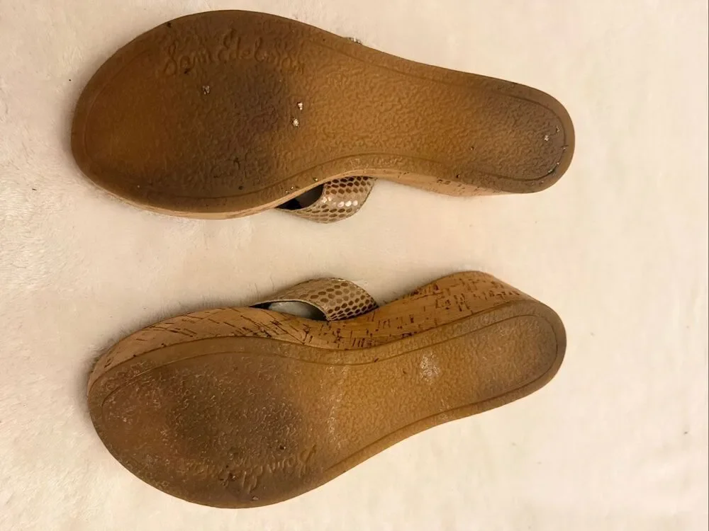 Sam Edelman Romy Cork Wedge Thong Sandals Gold Snakeskin Leather Size 6.5